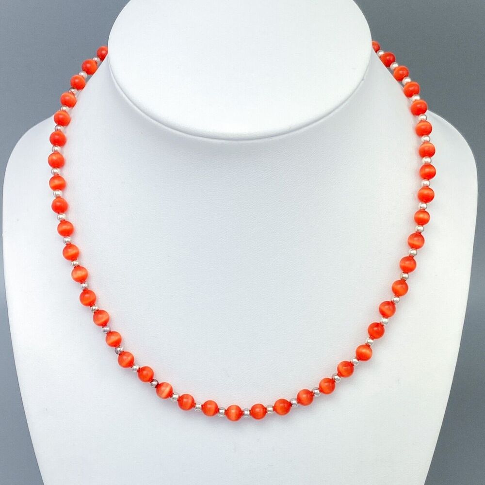 Red Cat Eye Beaded Necklace | Sterling Silver 925 | 16-17.75"